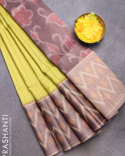 Semi matka saree lime green and wine shade with plain body and ikat style border