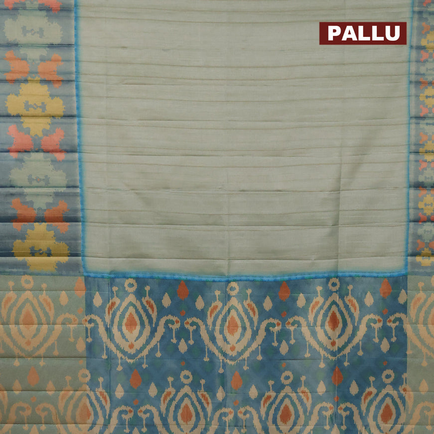 Semi matka saree pastel green and cs blue with plain body and ikat style border