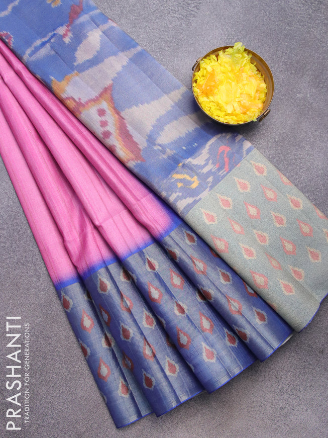 Semi matka saree light pink and blue with plain body and ikat style border