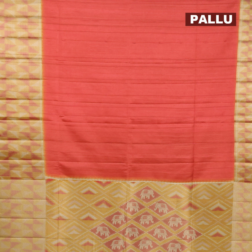 Semi matka saree red and mustard yellow with plain body and ikat style border