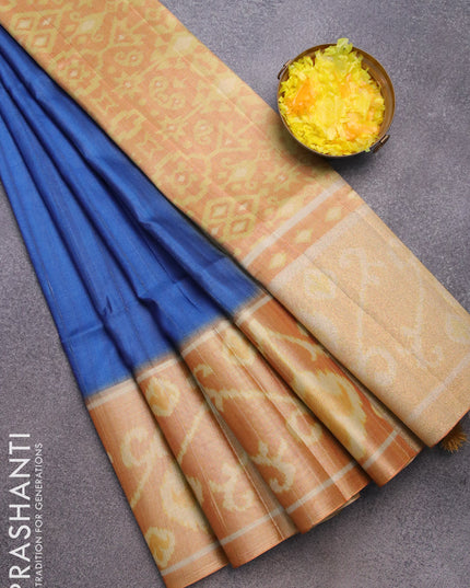 Semi matka saree blue and mustard yellow with plain body and ikat style border