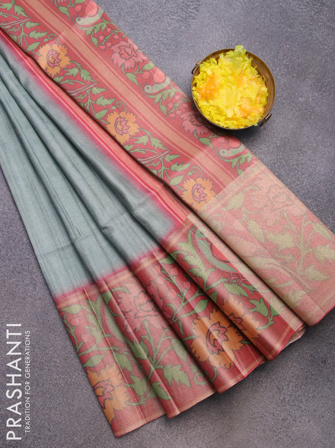 Semi matka saree pastel green and red shade with plain body and ikat style border
