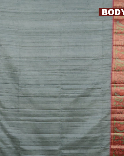 Semi matka saree pastel green and red shade with plain body and ikat style border