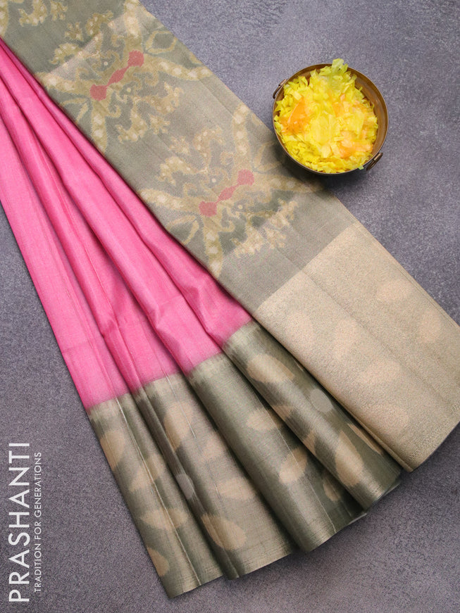 Semi matka saree light pink and grey with plain body and ikat style border