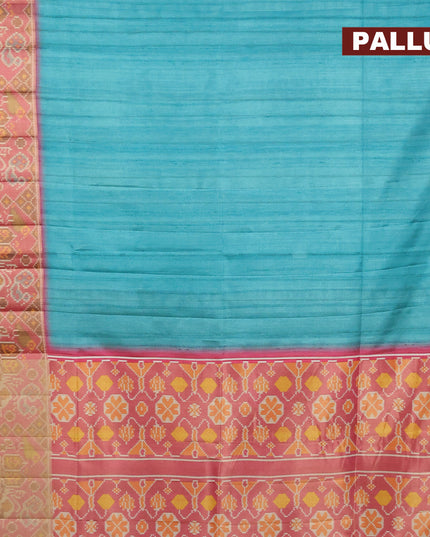 Semi matka saree teal blue and pink with plain body and ikat style border