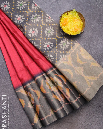 Semi matka saree red and elephant grey with plain body and ikat style border