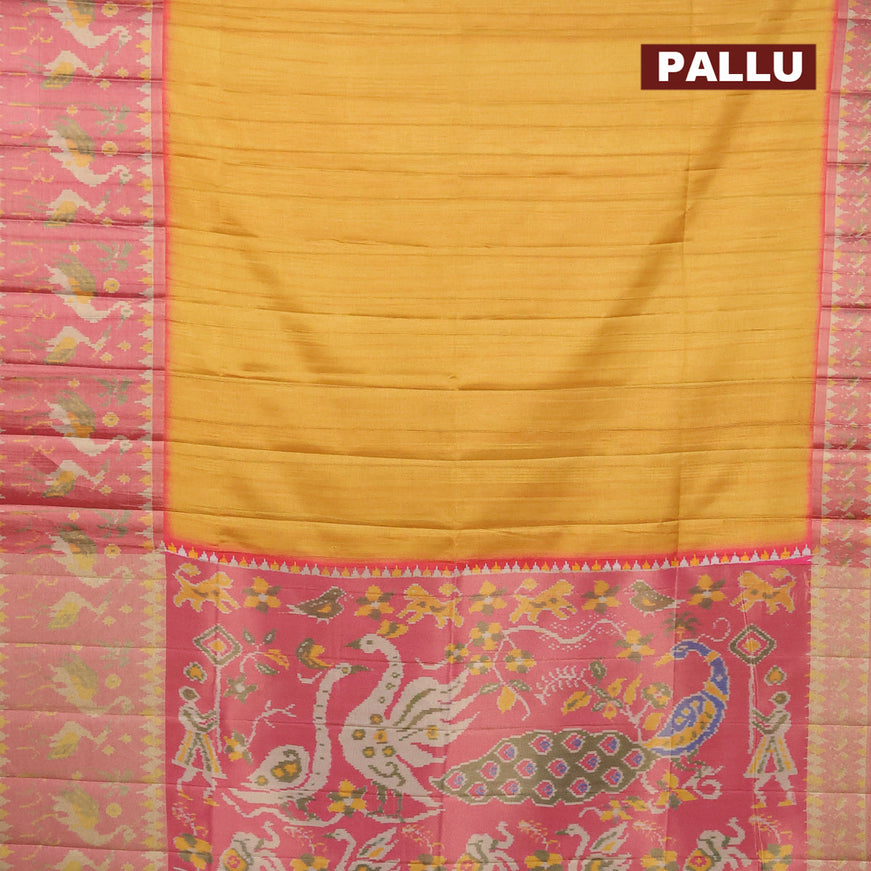 Semi matka saree mustard yellow and pink with plain body and ikat style border