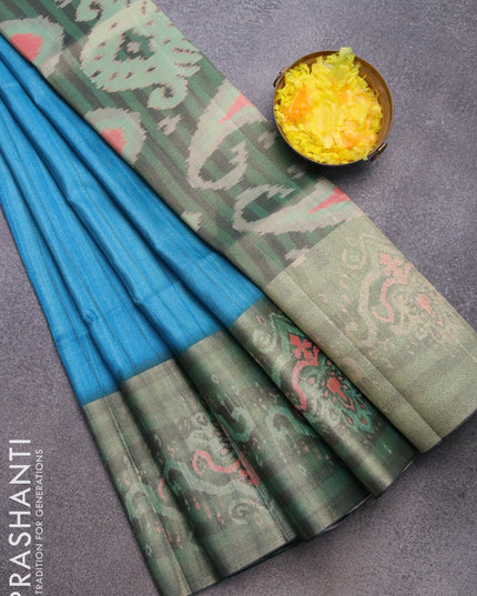 Semi matka saree teal blue and green with plain body and ikat style border