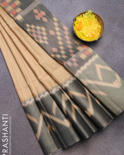Semi matka saree sandal and elephant grey with plain body and ikat style border