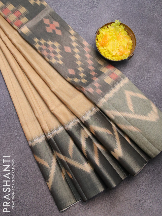 Semi matka saree sandal and elephant grey with plain body and ikat style border