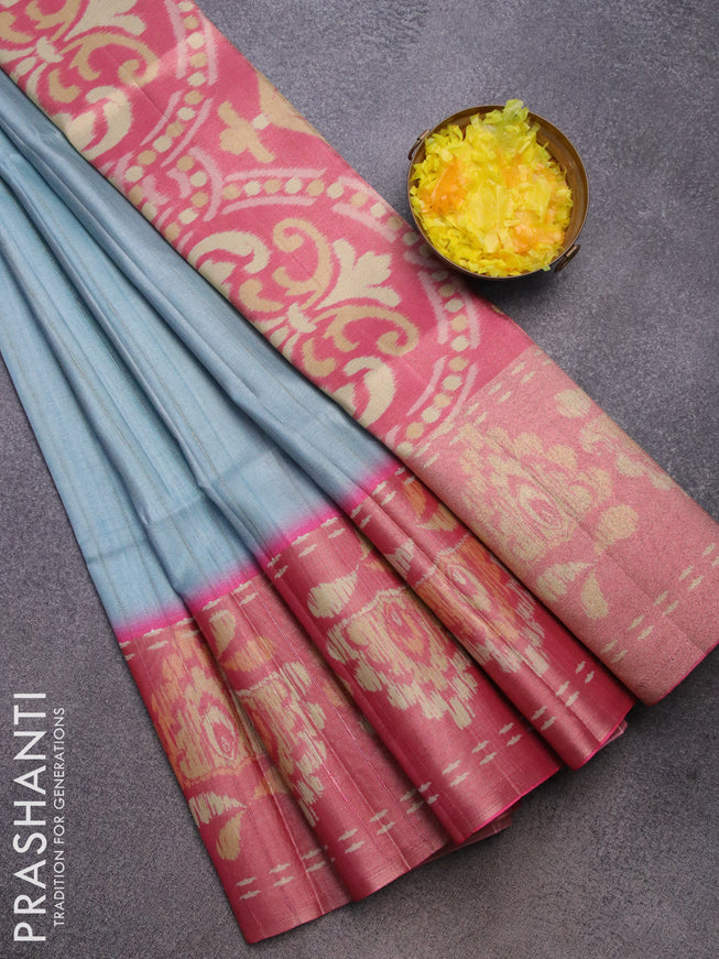 Semi matka saree pastel blue and pink with plain body and ikat style border