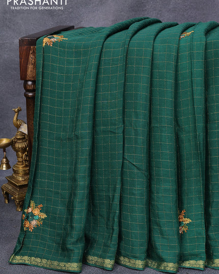 Semi crepe saree green with allover zari checked pattern & embroidery work buttas and small zari woven border