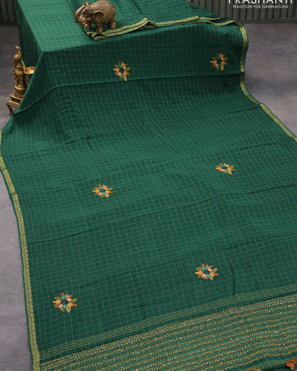Semi crepe saree green with allover zari checked pattern & embroidery work buttas and small zari woven border