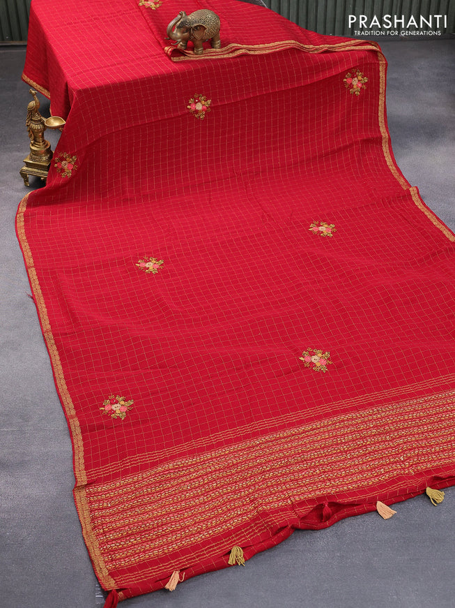 Semi crepe saree red with allover zari checked pattern & embroidery work buttas and small zari woven border