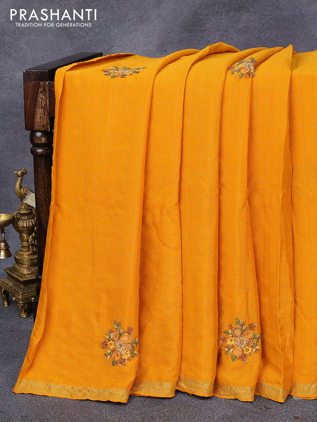 Semi crepe saree mango yellow with allover zari checked pattern & embroidery work buttas and small zari woven border