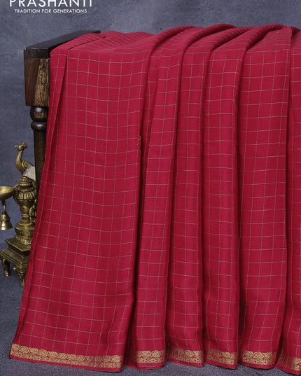 Semi crepe saree red with allover zari checked pattern & embroidery work buttas and small zari woven border
