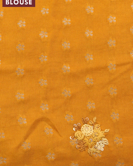 Semi crepe saree mustard yellow with allover zari checked pattern & embroidery work buttas and small zari woven border