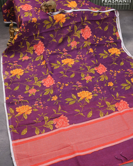 Pure linen saree deep purple with allover floral prints and silver zari woven piping border