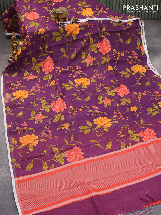 Pure linen saree deep purple with allover floral prints and silver zari woven piping border