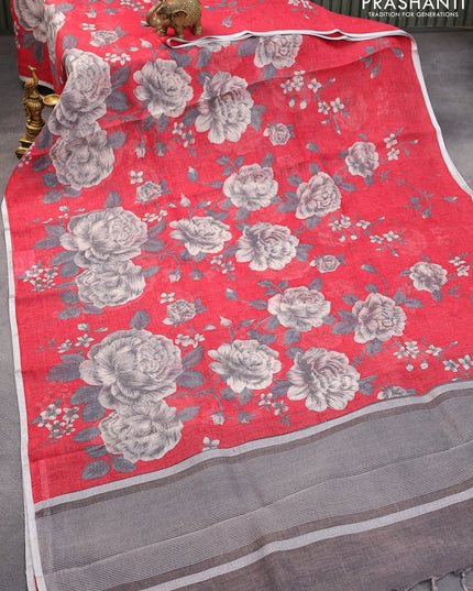 Pure linen saree red with allover floral prints and silver zari woven piping border