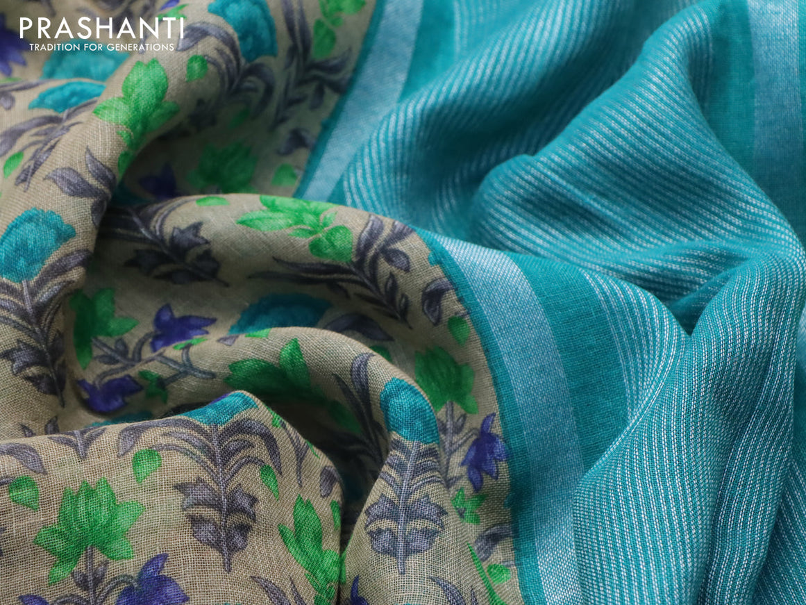 Pure linen saree beige and gree teal blue with allover floral prints and silver zari woven piping border