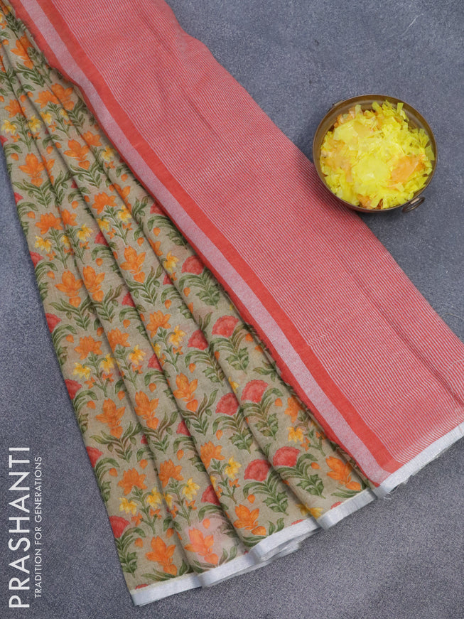 Pure linen saree beige and orange with allover floral prints and silver zari woven piping border