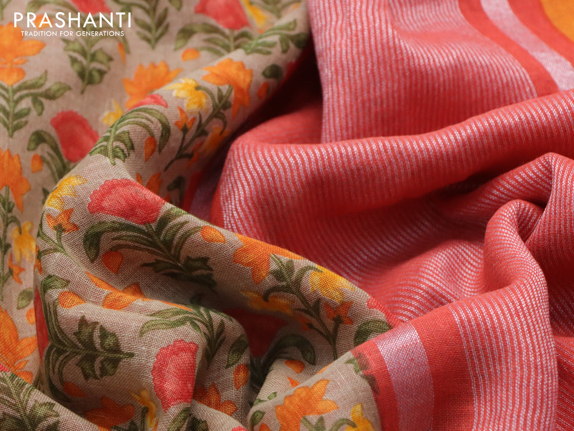 Pure linen saree beige and orange with allover floral prints and silver zari woven piping border