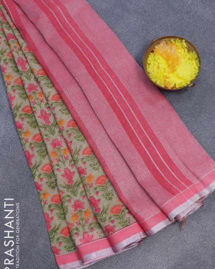Pure linen saree beige and pink with allover floral prints and silver zari woven piping border