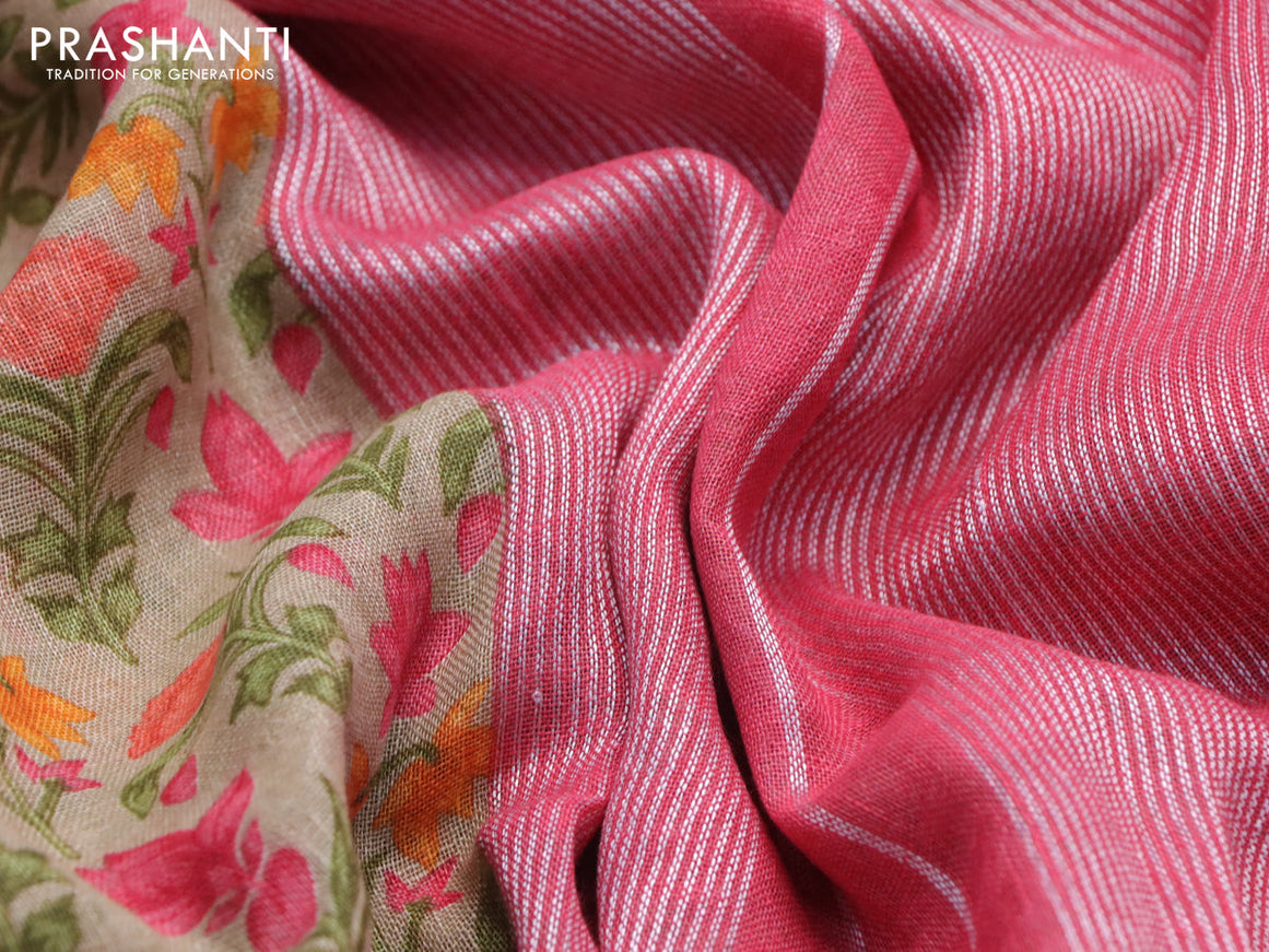 Pure linen saree beige and pink with allover floral prints and silver zari woven piping border