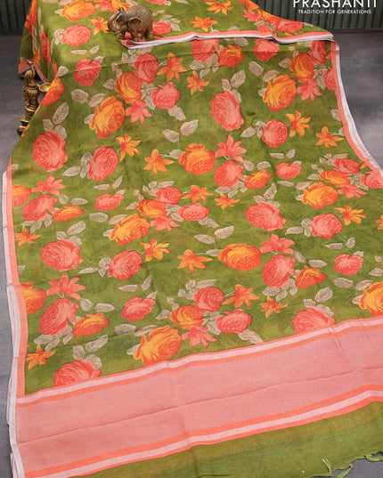 Pure linen saree sap green and peach orange with allover floral prints and silver zari woven piping border