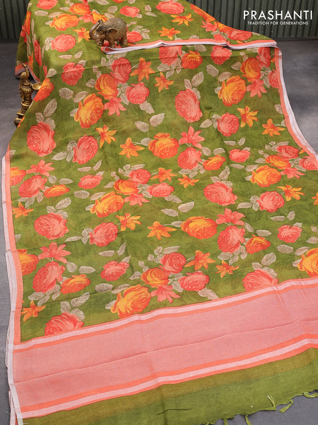 Pure linen saree sap green and peach orange with allover floral prints and silver zari woven piping border