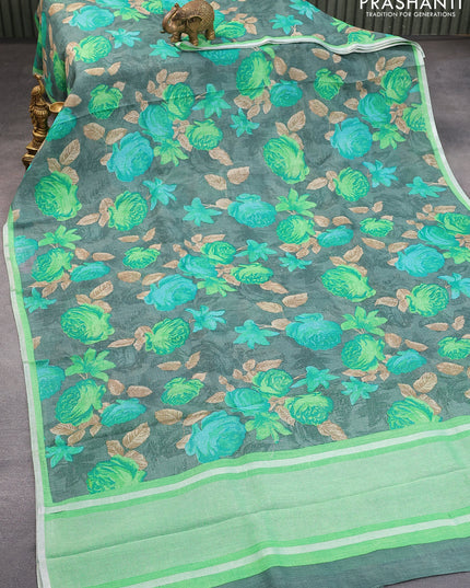 Pure linen saree greyish green and light green with allover floral prints and silver zari woven piping border