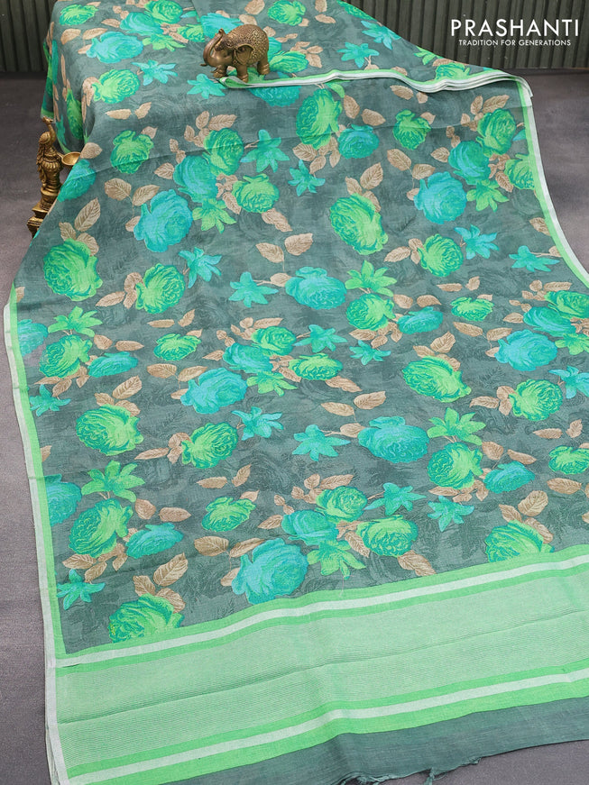 Pure linen saree greyish green and light green with allover floral prints and silver zari woven piping border