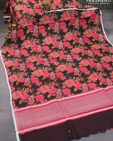 Pure linen saree black with allover floral prints and silver zari woven piping border