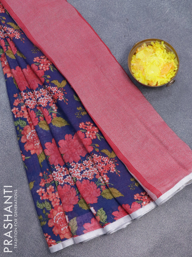 Pure linen saree blue with allover floral prints and silver zari woven piping border