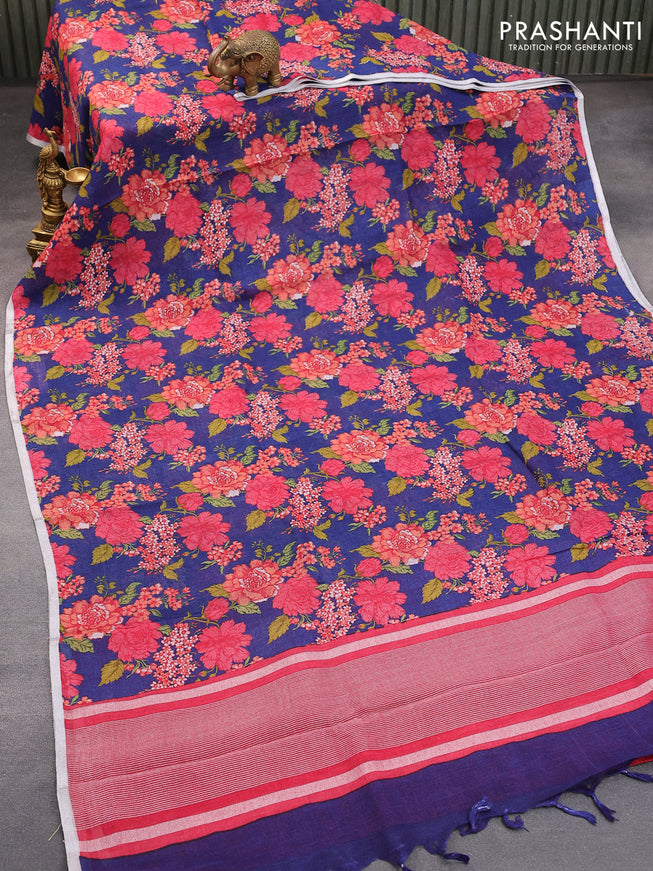 Pure linen saree blue with allover floral prints and silver zari woven piping border