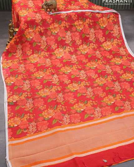 Pure linen saree maroon with allover floral prints and silver zari woven piping border