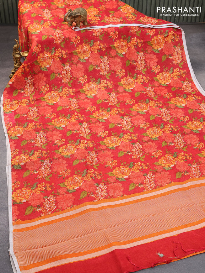Pure linen saree maroon with allover floral prints and silver zari woven piping border