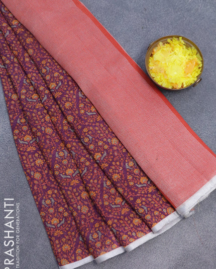 Pure linen saree purple with allover prints and silver zari woven piping border