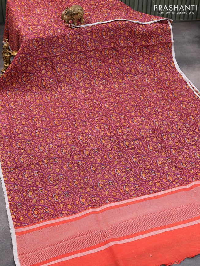 Pure linen saree purple with allover prints and silver zari woven piping border