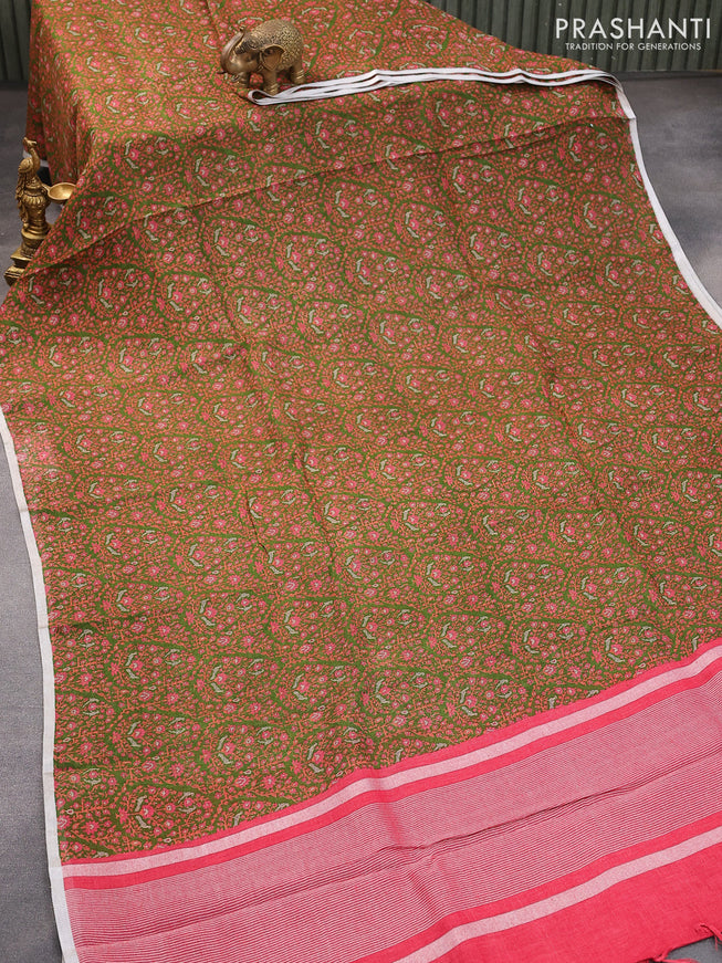 Pure linen saree green with allover prints and silver zari woven piping border