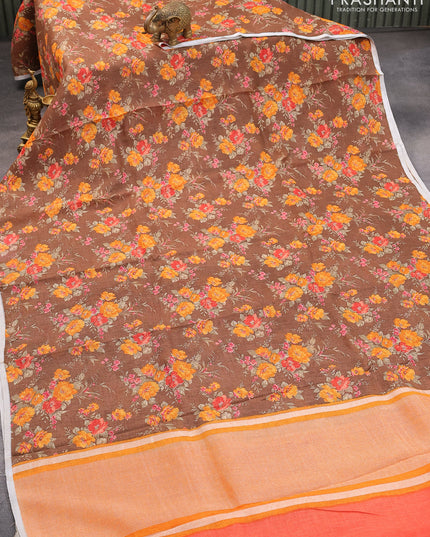Pure linen saree brown with allover floral prints and silver zari woven piping border