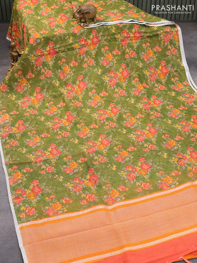 Pure linen saree green with allover floral prints and silver zari woven piping border