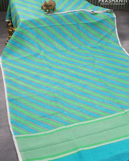 Pure linen saree grey and green teal blue with allover stripes pattern and silver zari woven piping border
