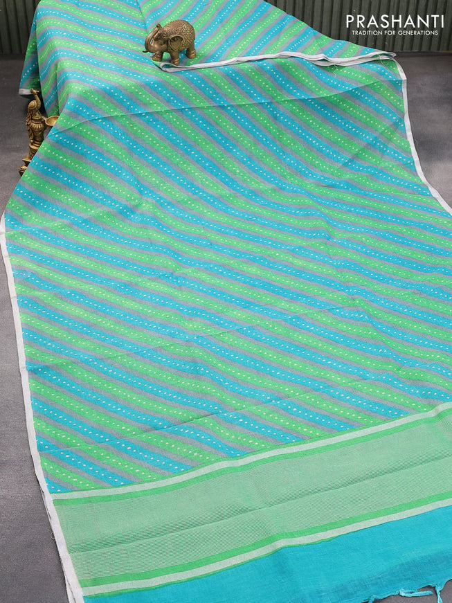 Pure linen saree grey and green teal blue with allover stripes pattern and silver zari woven piping border