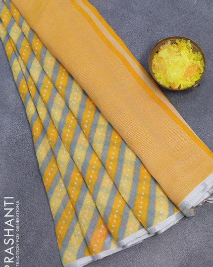Pure linen saree grey and yellow with allover stripes pattern and silver zari woven piping border