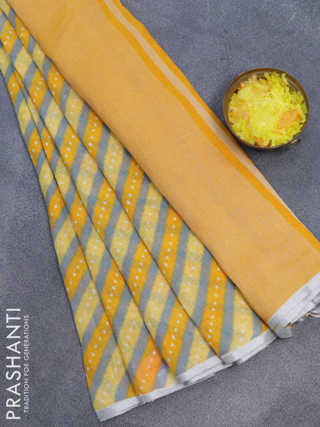 Pure linen saree grey and yellow with allover stripes pattern and silver zari woven piping border