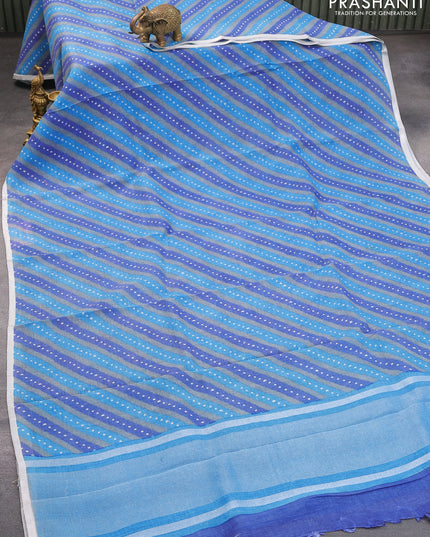 Pure linen saree grey and blue with allover stripes pattern and silver zari woven piping border