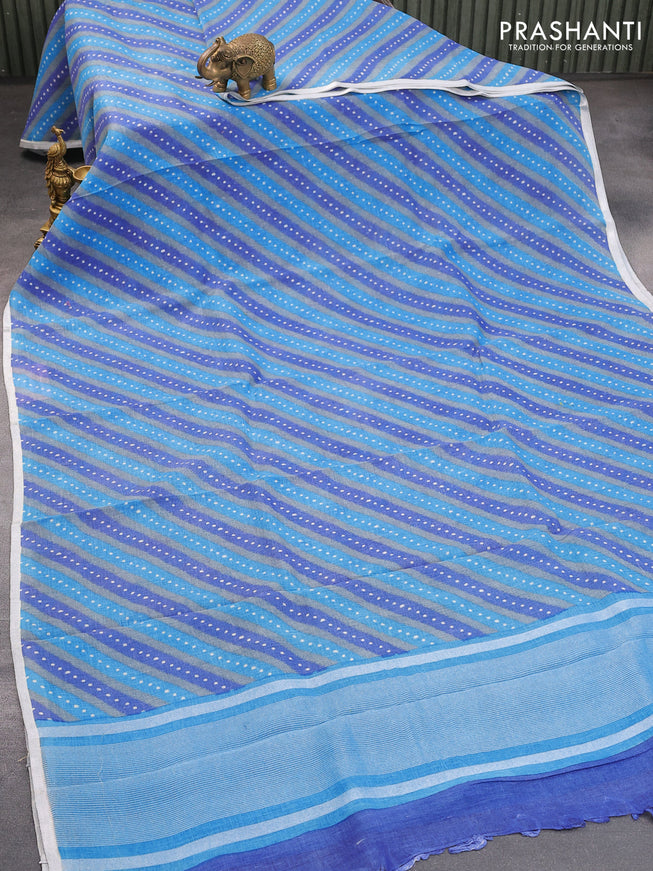 Pure linen saree grey and blue with allover stripes pattern and silver zari woven piping border