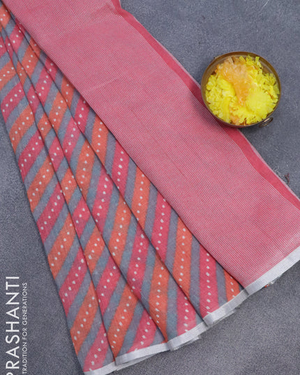 Pure linen saree grey and peach orange pink with allover stripes pattern and silver zari woven piping border
